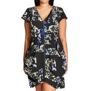 City Chic Size 20  Black Floral Front Zip Pleated Tunic Dress With Pockets